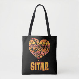 Bolsa Tote Love Sitar Orange Mandala Heart Indian Music