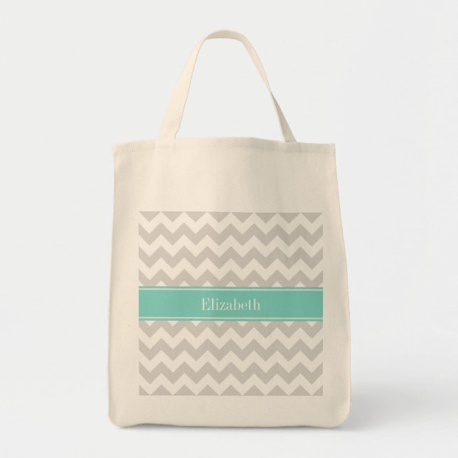 Bolsa Tote Lt Cinza Wht Chevron Aqua Turquoise Nome Monograma (Frente)