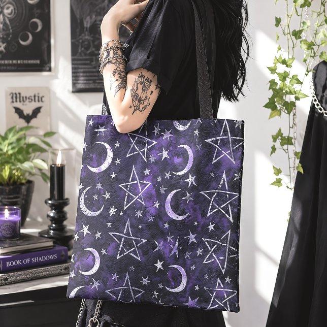 Bolsa Tote Lua Bruxa & Pentagrama Roxo Gótico (Criador carregado)