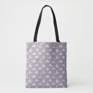 Bolsa Tote Lua Celestial Estrelas Nuvens Aquarela Pastéis