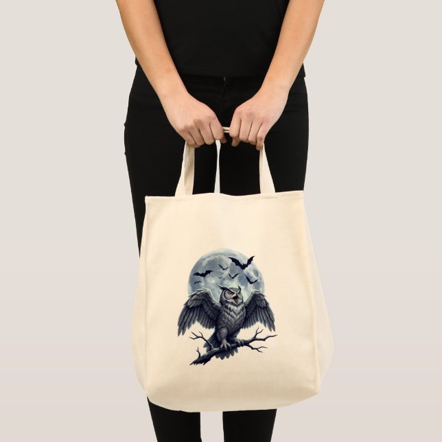 Bolsa Tote Lua cheia Cinza Coruja e Morcegos (Frente (produto))