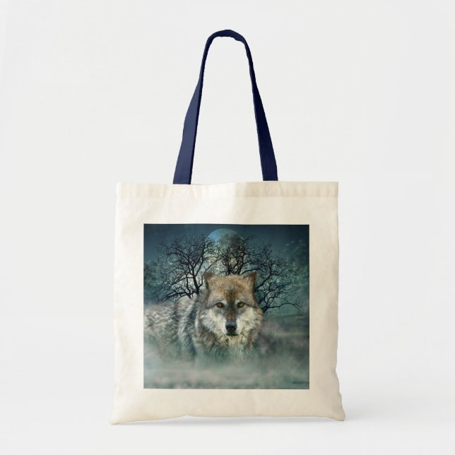 Bolsa Tote Lua cheia do lobo na névoa (Frente)