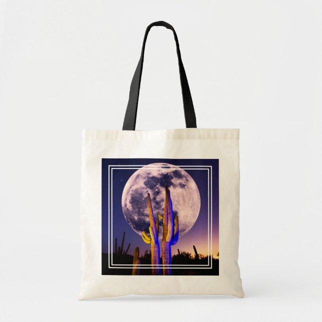Bolsa Tote Lua Cheia Sobre Saguaro Cactus (Frente)