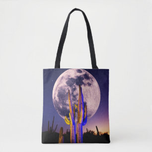 Bolsa Tote Lua Cheia Sobre Saguaro Cactus