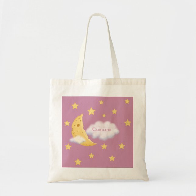 Bolsa Tote Lua Cheirosa e Estrelas Rosa de Nuvem Fluffy Perso (Frente)