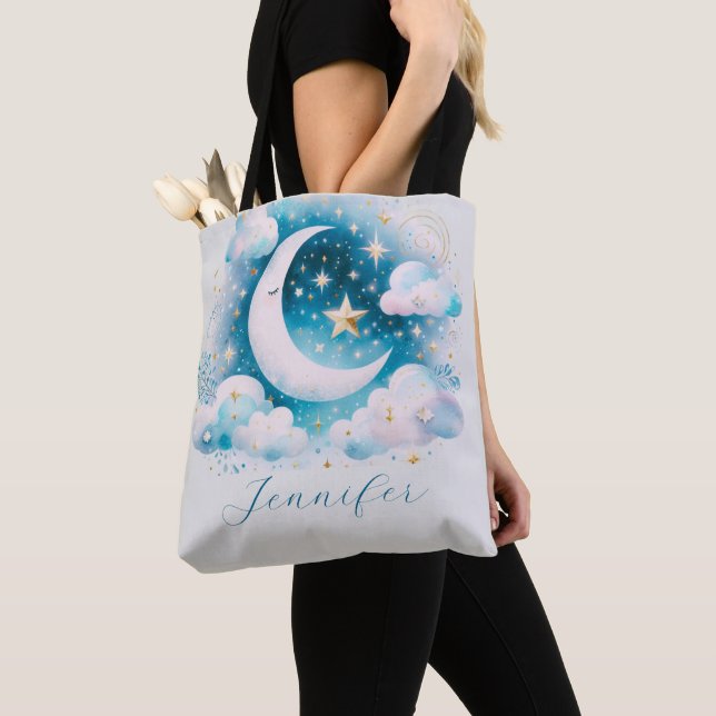 Bolsa Tote Lua Crescente Azul e Branco Boho Moderno (Close Up)
