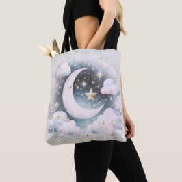 Bolsa Tote Lua Crescente Azul e Branco Celestial Boho Moderno