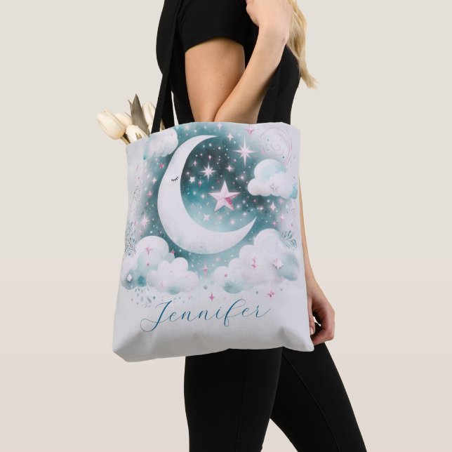 Bolsa Tote Lua Crescente Azul e Branco Celestial Boho Moderno (Close Up)