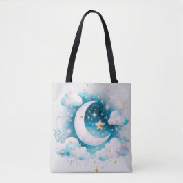 Bolsa Tote Lua Crescente Azul e Branco Celestial Boho Moderno