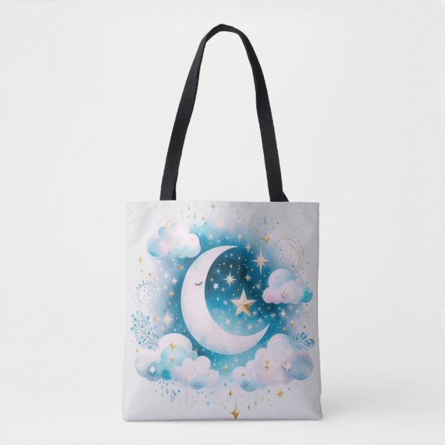 Bolsa Tote Lua Crescente Azul e Branco Celestial Boho Moderno (Frente)