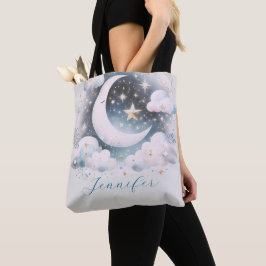 Bolsa Tote Lua Crescente Azul e Branco Celestial Boho Moderno
