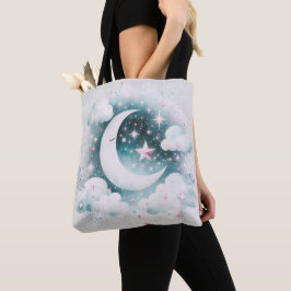Bolsa Tote Lua Crescente Azul e Branco Celestial Boho Moderno