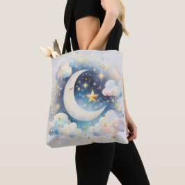 Bolsa Tote Lua Crescente Azul e Branco Celestial Boho Moderno