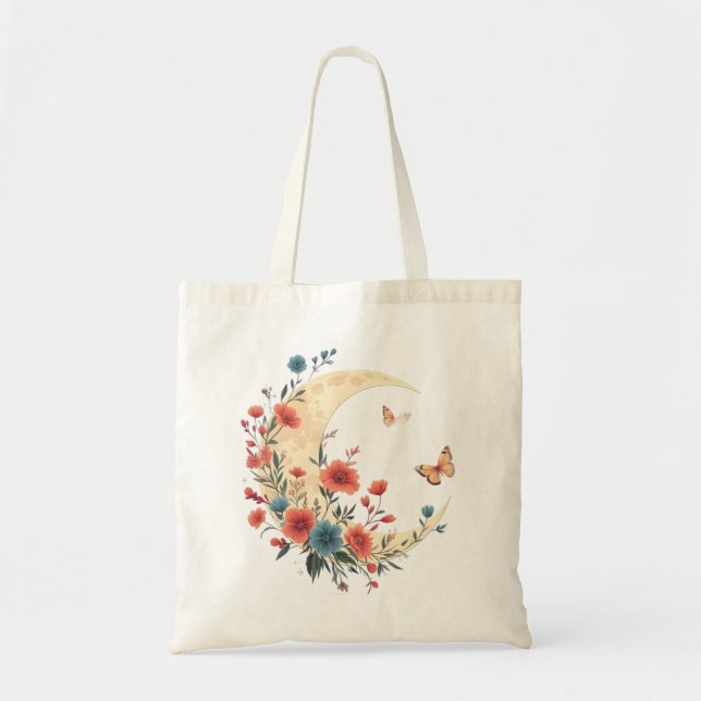 Bolsa Tote Lua Crescente Floral com Borboletas (Frente)