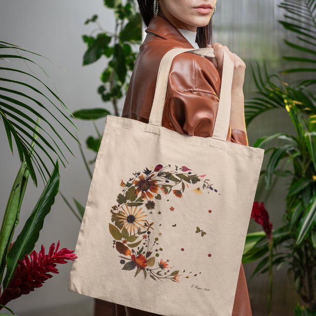 Bolsa Tote Lua Crescente Floral l Arte de Flores Prensadas (Criador carregado)