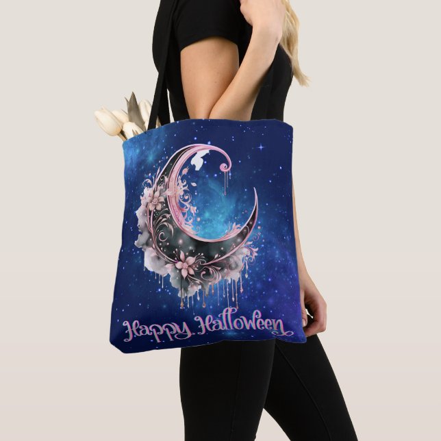 Bolsa Tote Lua Crescente Preta e Rosa Estrelas de Halloween (Close Up)