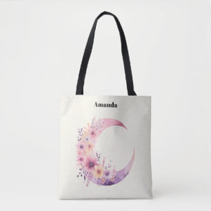 Bolsa Tote Lua de Crescente Rosa com Flores Bonito