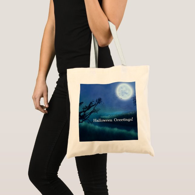 Bolsa Tote Lua de Halloween à noite em tons de azul e verde (Frente (produto))