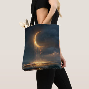 Bolsa Tote Lua do Crescente Ouro Surreal acima do oceano
