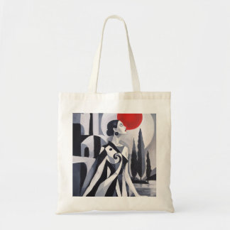 Bolsa Tote Lua Escarlate: Mulher Estilizada em Paisagem Monoc