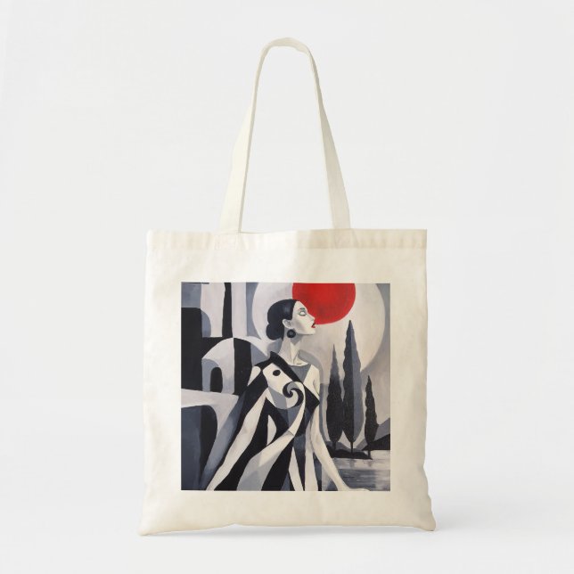 Bolsa Tote Lua Escarlate: Mulher Estilizada em Paisagem Monoc (Frente)