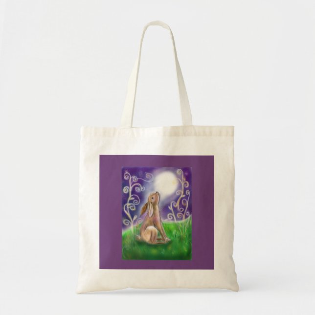 Bolsa Tote Lua que olha o fundo do roxo da ilustração da (Frente)