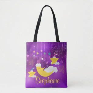 Bolsa Tote Lua sonolento & céu estrelado roxo das estrelas
