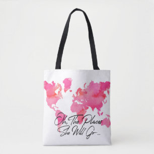 Bolsa Tote Lugares cor-de-rosa da aguarela irá mapa do mundo