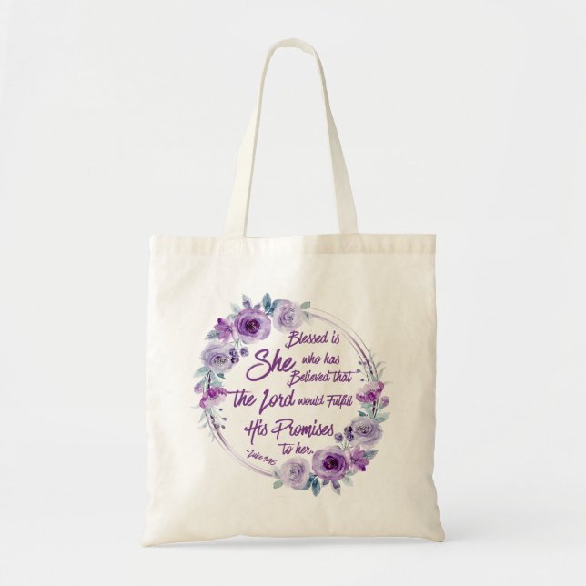 Bolsa Tote Luke 1:45 Abençoada é Ela Purple Floral (Frente)