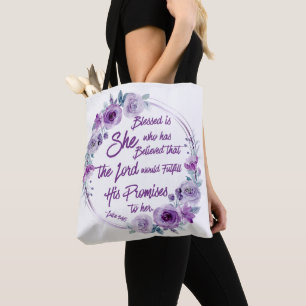 Bolsa Tote Luke 1:45 Abençoada é Ela Purple Floral