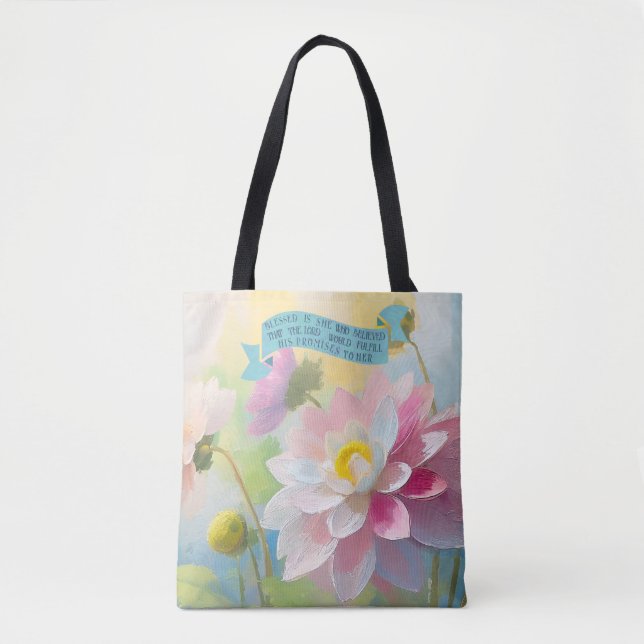 Bolsa Tote Luke 1:45, Dahlia Flor, Bíblia Cita Mães (Frente)