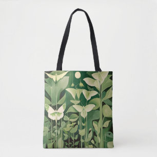 Bolsa Tote Luna Moth e flores - Verde e Creme