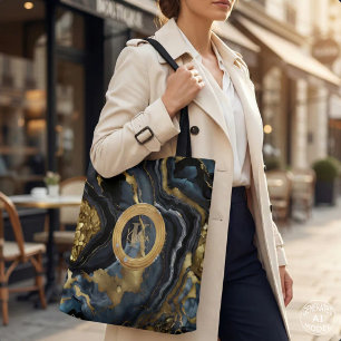 Bolsa Tote Luxo Monograma de Mármore Ágata Azul Naval e Doura