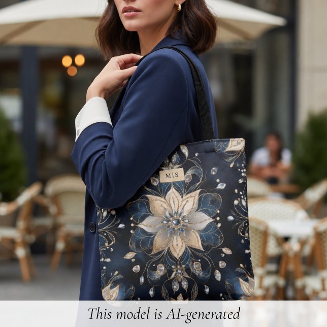 Bolsa Tote Luxo Navy Dourado Floral (luxury navy gold floral tote bag with monogram, elegant personalized gift for her)
