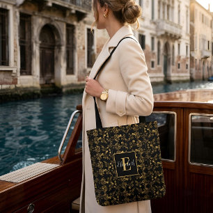 Bolsa Tote Luxo Preto & Dourado Damask Floral Chique Nome Per