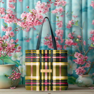 Bolsa Tote Luxo Xadrez Personalizado Verde Oliva, Dourado e R