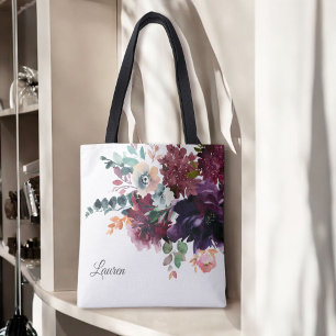 Bolsa Tote Luxurioso Watercolor Floral da Borgonha com Nome