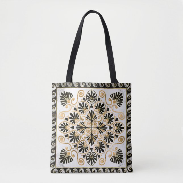 Bolsa Tote Luxury Greek Ornament Black and White Marble (Frente)