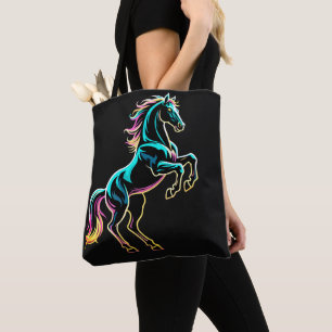 Bolsa Tote Luz Neon de Cavalo Efeito Glitch Estilo Retro