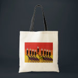 Bolsa Tote Luzes de Hannukah<br><div class="desc">Ilumine acima da época natalícia com esta bolsa de canvas colorida de Chanukah Menorah do girafa!  Sua silhueta contra o por do sol destaca a beleza destes animais no design original dos animais selvagens das criações de Magins.  Grande ideia do presente para uma das oito noites loucas!!  Chanukah feliz!</div>