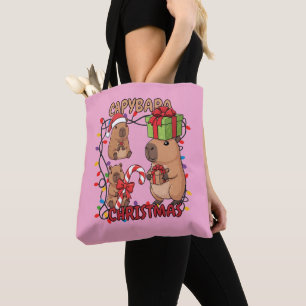 Bolsa Tote Luzes de Natal de Capivara Fofa Festa Festiva Rosa