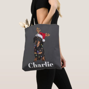 Bolsa Tote Luzes de Natal para Cachorro Dachshund com Nome Pe