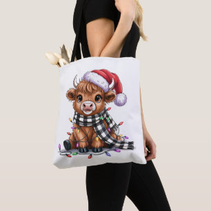 Bolsa Tote Luzes de Natal Vaca das Terras Altas Chapéu de Pap