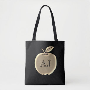 Bolsa Tote Maçã de Folha Dourada e Preta Monograma Elegante