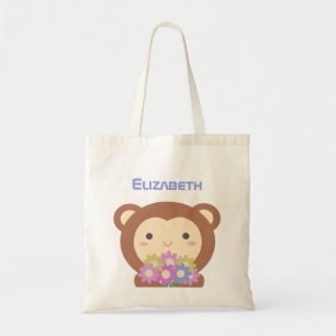 Bolsa Tote Macaco Kawaii Cute e Flores Nome Rosa Roxo