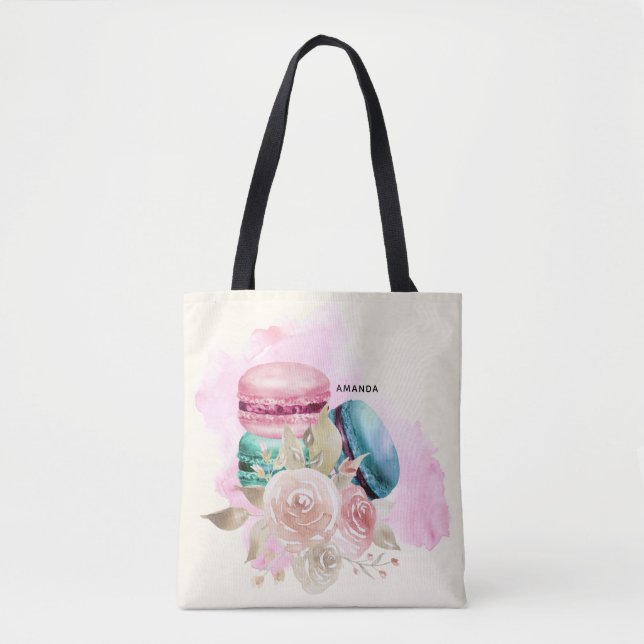 Bolsa Tote Macarões e Flores Coloridos Aquarela (Frente)