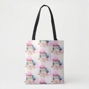 Bolsa Tote Macarões e Flores Coloridos Padrão de Aquarela