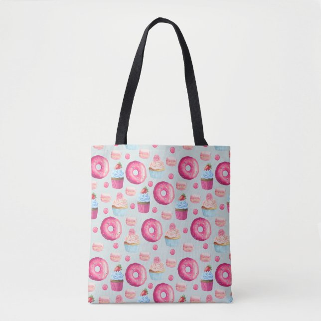 Bolsa Tote Macarões Rosquinha E Padrão De Cupcake Em Aquarela (Frente)