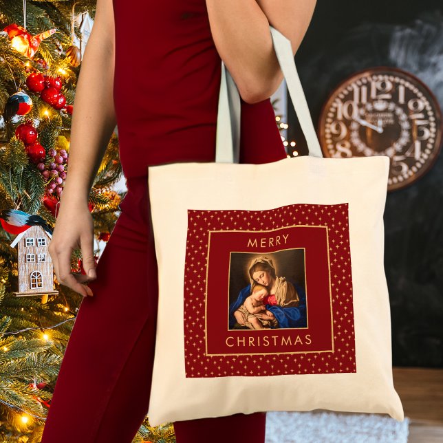 Bolsa Tote Madonna e Criança, Natal Religioso Tradicional (Religious Christmas tote bag with Madonna & Child in red and gold for Catholics/Christians)