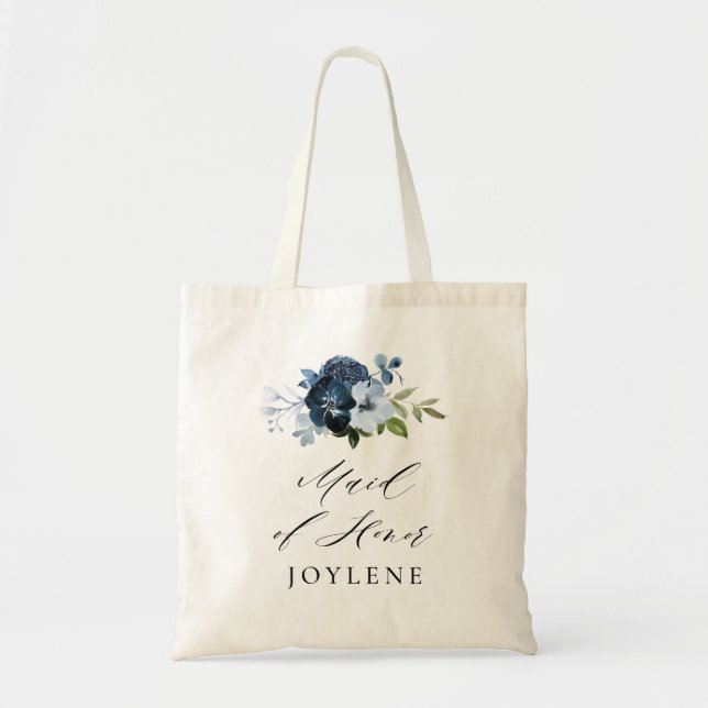 Bolsa Tote madrinha de casamento floral azul marinho de scrip (Frente)